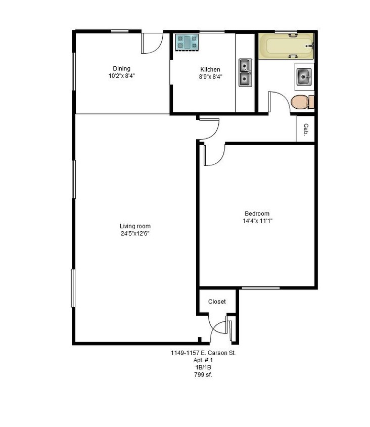 Plano de planta - 1HAB 1BA - Carson Court Apartments