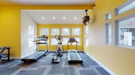 This single-floor fitness center is designed to deliver a complete workout experience in a bright, energizing environment. The space is defined by bold yellow accent walls paired with white ceilings and trim, creating a visually stimulating atmosphere that complements an active setting. Patterned carpet tiles in shades of gray and blue cover the floors throughout, adding texture and a modern aesthetic while providing underfoot comfort during exercise.

The main workout area is well-equipped with two treadmills and an elliptical trainer positioned along a wall of large, horizontally oriented windows that allow generous natural light to flow in and offer views of the surrounding outdoor landscape. A wall-mounted flat-screen television and a ceiling-mounted projector provide entertainment options during workouts. Recessed lighting in the ceiling ensures consistent illumination throughout.

A secondary area of the fitness center accommodates a Peloton-style spin bike and a weight bench alongside a dumbbell rack, offering strength and cycling training options. This section connects via a glass-paneled door with transom window to the adjacent space, enhancing the open and airy feel. Vaulted ceilings in portions of the room add to the sense of spaciousness, while a ceiling fan contributes to ventilation and comfort. The overall design is functional, well-lit, and purpose-built for fitness.