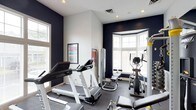 This dedicated fitness space is thoughtfully designed to provide a fully functional workout environment. The room is defined by striking navy blue accent walls that contrast elegantly with crisp white upper walls and ceilings, creating a bold yet focused atmosphere ideal for exercise. The vaulted ceiling adds a sense of openness and volume to the space, preventing any feeling of confinement despite the room's concentrated purpose. Natural light floods the interior through multiple windows, including a prominent bay window that brightens the equipment area and offers views of the surrounding exterior. The flooring features durable, dark rubber matting suited for high-impact activity. A treadmill from Spirit, an elliptical trainer, a cable machine, and a weight bench are among the key pieces of equipment present, making the space suitable for both cardiovascular and strength training workouts. Recessed lighting supplements the natural light, ensuring the room is well-lit at any time of day. A fitness chart mounted on the wall serves as a practical reference for exercise routines. The layout is efficiently organized to allow comfortable movement between stations, making this a versatile and well-appointed space for fitness enthusiasts.