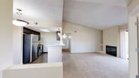 Located in Tucson, Arizona, this single-floor, three-bedroom, two-bathroom home offers a well-organized layout with a warm, neutral color palette throughout. The living room is a standout space, featuring plush carpeting, a wood-burning fireplace flanked by built-in shelving, and a sliding glass door that opens to a private balcony with scenic mountain views, flooding the room with natural light. The open-concept design connects the living area to the kitchen, which is equipped with dark espresso cabinetry, light stone countertops, stainless steel appliances including a refrigerator and microwave, pendant lighting, and a skylight that brightens the space. The primary bedroom is generously sized, offering ample room and a closet, while the two additional bedrooms feature soft carpeting and good natural light via blinds-fitted windows. Both bathrooms are finished with dark wood vanities, stone countertops, and wood-look flooring. One bathroom features a tub-shower combination. Hallways with recessed lighting connect the rooms efficiently. Durable wood-look flooring is featured in the kitchen and bathrooms, while carpeting adds comfort to the living and bedroom areas, creating a cohesive and functional Tucson home.