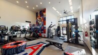 Located at 255 N Granada Ave in Tucson, Arizona, this single-floor fitness center is a dynamic and fully equipped workout facility designed to inspire and accommodate a wide range of training styles. The space features soaring ceilings that lend an open, airy feel, enhanced by recessed lighting, skylights, and a ceiling fan that keep the environment bright and comfortable. A bold, eye-catching collage mural in red, white, and blue anchors one wall, while a large University of Arizona-themed area rug with the iconic "A" logo adds strong school spirit to the floor. Cardio equipment including treadmills, ellipticals, and stationary bikes lines one side of the room, all positioned in front of wall-mounted mirrors that amplify the sense of space. The strength training area is equally well-appointed, featuring a multi-functional rack stocked with medicine balls and barbells, a heavy punching bag, adjustable benches, plyo boxes, and a large tire for functional training. A wall-mounted TV provides entertainment, while large glass doors open directly to an outdoor pool area, flooding the space with natural light and offering refreshing views. The "Find Your Fit" signage reinforces the motivating atmosphere throughout.