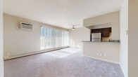 This single-floor residence at Hamilton House in Mayfield Heights, Ohio, offers a well-organized layout with a bright, open feel throughout. The living area is a standout feature, characterized by plush carpeting, a ceiling fan, and a wall-mounted air conditioning unit. Floor-to-ceiling sliding glass doors fitted with vertical blinds allow abundant natural light to pour in while providing direct outdoor access and views of surrounding trees, creating a comfortable and airy atmosphere.

Adjacent to the living space, the kitchen is thoughtfully designed with dark espresso cabinetry, granite-style countertops, and a full suite of stainless steel appliances, including a refrigerator, dishwasher, and microwave. Wood-look flooring runs throughout the kitchen, offering a practical contrast to the carpeted living areas. A peninsula counter connects the kitchen to the living space, enhancing functionality.

The bathroom features a granite-topped vanity with coordinating cabinetry, tile wall surround, a full soaking tub with shower, and wood-look flooring. Storage is well-addressed with a dedicated walk-in closet equipped with built-in shelving and hanging rods. Overall, the unit presents a clean, updated interior with practical finishes throughout.