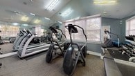 This fitness center is a thoughtfully designed workout space finished with soft blue-gray walls, vaulted ceilings with exposed beams, and durable carpet flooring suited for high-traffic exercise use. The room is lined with full-length mirrors along multiple walls, visually expanding the space and providing users with proper form feedback during workouts. Large windows fitted with horizontal blinds allow abundant natural light to fill the room while offering views of surrounding greenery outdoors.

The facility is equipped with a varied selection of cardio machines, including treadmills, elliptical trainers, a stair climber, and a stationary recumbent bike. A dedicated free weights area features a dumbbell rack with an assortment of weights ranging from light to heavy, along with stability and medicine balls for functional training. A wall-mounted flat-screen television provides entertainment during workouts, and ceiling fans contribute to ventilation and comfort throughout.

Entry is provided through elegant white French doors with glass panels, connecting the fitness center to an adjacent common area. The overall ambiance is clean, practical, and well-lit, making it a functional and welcoming space for a full range of fitness activities.