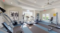 This fitness center offers a comprehensive workout environment housed within a single, open floor plan. The space is distinguished by its elegant tray ceiling with recessed lighting and a ceiling fan, contributing to an airy, well-ventilated atmosphere. Large multi-pane windows, including an arched accent window, allow abundant natural light to fill the room while providing views of lush greenery and outdoor surroundings. French doors provide additional access and further enhance the connection to the outdoors.

The flooring features a distinctive striped pattern of blue and taupe tones, adding visual interest while providing a durable, functional surface. The cardio zone is well-appointed with multiple treadmills, elliptical trainers, and a rowing machine, offering a thorough range of aerobic options. The strength training area includes cable machines, a multi-station weight system, and a full rack of dumbbells arranged along a wall of mirrors, which also serve to amplify the sense of space. A wall-mounted television is positioned for convenient viewing during workouts.

Decorative large-scale black-and-white photography and a botanical art print add a polished, resort-like aesthetic to the space. The overall ambiance is clean, bright, and inviting, reflecting a well-maintained facility designed to support a wide variety of fitness routines.