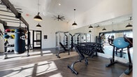 The fitness center at Cadence in Sugar Hill, Georgia, is a thoughtfully designed, single-level facility that accommodates a wide range of training styles and fitness goals. The space is organized into distinct zones, each tailored to a specific type of workout, while maintaining an open, cohesive layout throughout.

The strength training area features soaring vaulted ceilings and wide-plank hardwood-style flooring, creating an airy, expansive atmosphere. Full-wall mirrors amplify the sense of space while allowing users to monitor their form. The area is outfitted with a comprehensive dumbbell rack, adjustable benches, a power rack, and a functional training rig complete with a heavy bag and a tiered rack holding medicine balls and resistance tools. Oversized black pendant lights and large ceiling fans provide both illumination and ventilation.

The cardio zone is positioned along a wall of large, grid-pane windows that flood the space with natural light and offer outdoor views. Multiple treadmills, ellipticals, and a stair climber are arranged to take full advantage of this bright setting.

A dedicated studio room with dark accent walls, full mirroring, and wood-tone flooring offers space for functional training, including plyo boxes and balance equipment. A hydration station with a green subway tile accent wall adds a practical, design-forward touch throughout the facility.