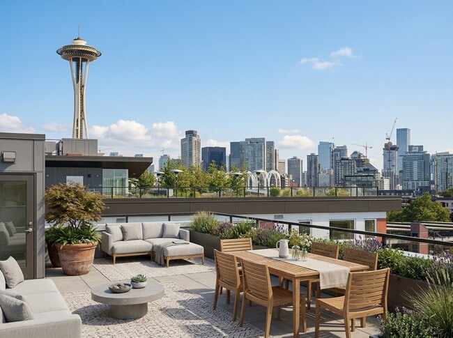 Rooftop terrace at 306 Queen Anne featuring outdoor dining, lounge seating, and direct views of the Space Needle and Seattle skyline. - 306 Queen Anne