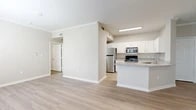 Located at 2825 N Highway 360 in Grand Prairie, Texas, this 1-bedroom, 1-bathroom residence offers a thoughtfully designed single-floor layout with a clean, modern aesthetic throughout. The open-concept living and kitchen area serves as the heart of the home, featuring light wood-style flooring, crown molding, and neutral tones that create a bright, welcoming atmosphere. Large windows and a sliding glass door allow abundant natural light to fill the living space.

The kitchen is well-equipped with white shaker-style cabinetry, granite countertops, stainless steel appliances including a refrigerator, gas range, and built-in microwave, and a peninsula with a sink that doubles as a breakfast bar — ideal for both cooking and casual dining.

The bedroom is a comfortable retreat with plush carpeting, a ceiling fan, and a generous window that brings in natural light. It connects to a spacious walk-in closet outfitted with wire shelving and hanging rods for ample storage. The bathroom features white cabinetry, granite countertops, a large mirror, and additional overhead storage. A dedicated laundry area and in-unit storage further enhance the practicality of this well-planned residence.
