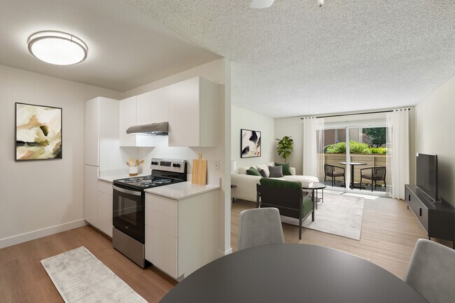 Cocina, comedor y sala de estar renovados (Paquete II) con pisos de superficie dura. - eaves Foster City