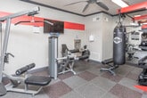 Located at 2035 Timothy Rd in Athens, Georgia, this fitness center is a well-equipped, single-floor exercise facility designed to support a range of workout routines. The space features a clean, energetic aesthetic defined by neutral walls accented with a bold red horizontal stripe, dark crown molding, and durable rubber tile flooring in a speckled pattern that provides both safety and style.

The room is outfitted with a variety of strength training equipment, including a multi-function cable machine by TRUE Fitness, a dedicated leg curl/extension station, and a red TKO heavy bag for boxing or functional training. A red wall-mounted free weight rack holds an organized selection of dumbbells and kettlebells, making the space practical for users of all fitness levels.

A wall-mounted flat-screen television provides entertainment during workouts, while a ceiling fan with integrated lighting ensures air circulation and comfort. A built-in water fountain with a bottle-filling station is conveniently positioned along one wall.

Large multi-pane windows allow generous natural light to fill the room and offer views of the surrounding outdoor area, including what appears to be a pool deck. A glass-paneled entry door connects the fitness center directly to the exterior, enhancing accessibility and the sense of openness. Posted fitness center rules reflect a professionally managed facility.