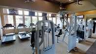 This single-level fitness center is thoughtfully designed to support a comprehensive workout experience. The space is outfitted with professional-grade Hoist strength training machines, including cable systems and resistance stations, positioned throughout the room for easy access and efficient use of the floor space. A selection of cardio equipment, including treadmills and stationary bikes, lines the perimeter, offering users a variety of training options.

Large, multi-pane windows wrap along one wall, flooding the interior with abundant natural light while providing views of the surrounding outdoor landscape. Ceiling fans are mounted overhead, contributing to air circulation and comfort during workouts. Mounted flat-screen televisions are strategically placed throughout the space, allowing members to stay entertained during cardio sessions.

The flooring consists of neutral-toned carpet, and the warm earth-toned walls with decorative trim detailing give the space an inviting, upscale ambiance that elevates the overall fitness experience. The layout is open and well-organized, allowing ample room to move between equipment comfortably.
