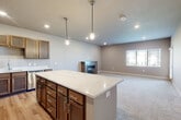 Located in Ankeny, Iowa, this two-story home offers a thoughtfully designed layout spread across two floors. The ground level houses an attached garage with a concrete floor and a compact entrance that leads to a staircase connecting to the main living area above.

The upper floor is the heart of the home, anchored by an open-concept kitchen and living room. The kitchen is well-equipped with stainless steel appliances, rich wood cabinetry, quartz countertops, a stainless steel sink, and a generous island with pendant lighting overhead — ideal for both cooking and casual dining. Hardwood-style flooring runs throughout the kitchen, transitioning to plush carpet in the living area, which features a wood-framed fireplace as a focal point and a window that brings in natural light.

The bedroom is a comfortable retreat with carpet flooring, recessed lighting, and a window providing natural light. A dedicated closet offers convenient storage. The full bathroom includes a wood-toned vanity with quartz countertops, a shower, and hardwood-style flooring. Additional practical spaces include a laundry room and utility room, ensuring all essential functions are housed within the home. Overall, the space presents a clean, modern aesthetic with warm finishes throughout.