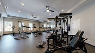 Located in Forest, VA, this dedicated fitness room offers a comprehensive workout environment across a generously sized single-floor space. The room is designed for serious training, featuring durable rubber flooring throughout that provides both safety and comfort during exercise. Recessed lighting and multiple ceiling fans ensure the space remains well-lit and ventilated at all times.

A full-wall mirror runs along one side of the room, visually expanding the space and allowing users to monitor their form during workouts. Natural light filters in through several windows, adding to the bright and energizing atmosphere. The cardio zone is equipped with multiple treadmills and an elliptical machine, while the strength training area includes a multi-station cable machine, a power tower, adjustable benches, and a well-organized dumbbell rack with a complete range of free weights. Medicine balls and a stability ball round out the functional training options.

A wall-mounted television is positioned for convenient viewing during workouts. The neutral, warm-toned walls and clean architectural lines give the space a polished, professional feel. With its thoughtful layout, diverse equipment selection, and quality finishes, this fitness room is well-suited for a full-body training regimen.