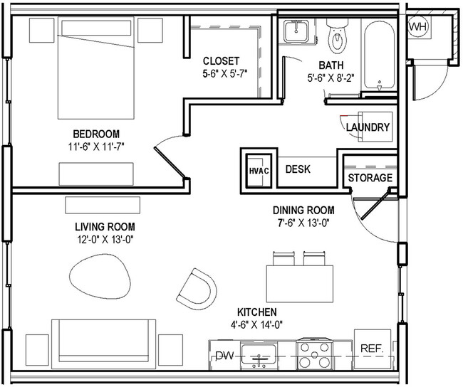 Explore la distribución de este moderno apartamento de 1 dormitorio de concepto abierto, ideal para la vida urbana. - Cabana North Valley