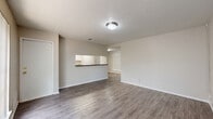 Located at 12222 Blanco Road in San Antonio, TX, this single-floor, one-bedroom, one-bathroom unit offers a well-organized layout designed for comfortable everyday living. The open living and dining area features durable wood-style flooring, neutral walls, and a textured ceiling, creating a clean and bright atmosphere. A pass-through counter connects the living space to the kitchen, which is equipped with white cabinetry, dark granite-style countertops, and white appliances. A pantry provides additional storage, keeping the kitchen efficient and organized. The hallway leads to the carpeted bedroom, which receives natural light through a large window with vertical blinds. The bedroom includes access to three closets, one of which is a walk-in with built-in shelving. The bathroom features wood-style flooring, a vanity with dark countertop, a mirrored medicine cabinet, and a full tub-shower combination with white subway tile surround. A dedicated utility room and additional storage closets add practical functionality throughout. A screened patio opens to a lush, tree-lined outdoor area, offering a peaceful retreat with views of mature vegetation. The unit is well-suited for those seeking a compact, functional space in a convenient San Antonio location.