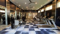 This single-level fitness center is designed with both functionality and style in mind. The space is anchored by a striking black-and-white checkered floor that adds a bold visual contrast to the dark, sophisticated wall treatment throughout. Recessed lighting is distributed evenly across the ceiling, ensuring the entire area is well-illuminated, while two ceiling fans provide consistent air circulation during workouts.

The cardio zone, positioned along the right side of the room, features a row of Matrix treadmills and elliptical machines, each equipped with individual display consoles. On the opposite side, a selection of Matrix strength and cable machines is arranged along a full-length mirrored wall, which enhances the sense of space and allows users to monitor their form. Additional equipment, including a rowing machine, rounds out the strength-training offerings.

Natural light enters through a set of windows along one wall and glass-panel double doors at the far end, which also provide a view of greenery outside. The overall ambiance is sleek and modern, creating an environment well-suited for focused, effective training sessions.
