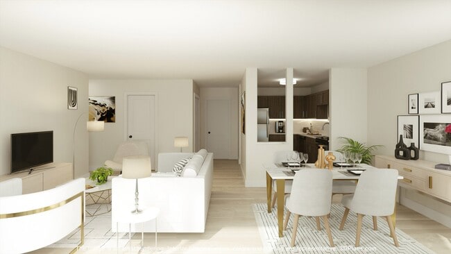 Upgraded living room with kitchen at Franklin River Apartments in Southfield - Franklin River Apartments