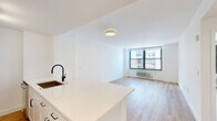 Located on the 29th floor at 100 Christopher Columbus Drive in Jersey City, this one-bedroom, one-bathroom residence offers a well-designed layout with modern finishes throughout. Light hardwood flooring runs continuously across the entire unit, lending warmth and cohesion to every room.

The combined kitchen and living area forms the heart of the home. The kitchen is outfitted with white shaker cabinetry, a white quartz countertop, stainless steel appliances including a French door refrigerator, and track lighting overhead. The adjacent living area is bright and open, with large floor-to-ceiling windows framing sweeping views of the Jersey City skyline and beyond.

The bedroom is a well-proportioned retreat, featuring its own oversized window with striking city views and ample wall space. Crisp white walls and the warm wood flooring create a clean, inviting atmosphere.

The bathroom is a standout feature, showcasing a classic black-and-white hexagonal tile floor, white subway tile walls, a white vanity with black hardware, a framed rectangular mirror, and a full soaking tub with shower. The coordinated matte black fixtures add a contemporary, refined touch.

A hallway connects the rooms efficiently, maintaining a logical and private flow throughout the unit. Clean white walls and abundant natural light from multiple exposures give the entire space a bright, airy character.