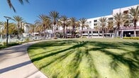 Located at 5805 Charlotte Dr in San Jose, California, this expansive outdoor amenity space is thoughtfully designed to offer a resort-like experience within a residential community. The grounds are anchored by sweeping, well-maintained lawns that provide generous open space beneath the shade of towering date palms and fan palms, lending the area a distinctly Southern California ambiance under the clear blue California sky.

Gently curving concrete pathways wind throughout the property, connecting key amenity areas and encouraging leisurely strolls through the landscaped grounds. Decorative globe light fixtures are strategically placed along the walkways and within planted beds, providing both aesthetic appeal and functional lighting. Ornamental plantings, including ornamental grasses, agaves, and low-growing shrubs, add texture and year-round visual interest to the curated landscape.

A resort-style swimming pool area is situated along one edge of the grounds, featuring a generous pool deck lined with lounge chairs, offering a relaxing retreat. A dedicated children's playground provides a colorful, shaded play area with soft rubberized surfacing and age-appropriate equipment, set beneath a shade canopy. The multi-story residential building frames the space, with ground-floor amenity spaces and large windows overlooking the vibrant outdoor environment below.