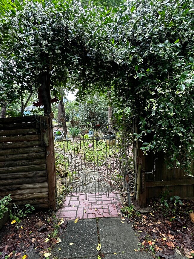 Flowers arching over walkway to front door - 108 Lisa Dr