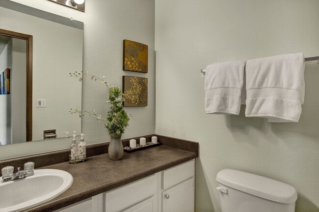 A spacious bathroom with a large mirror over the sink, ample cabinet storage, and lots of counter space - Arrive Magnolia