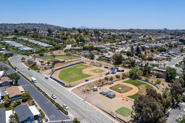 An elevated view of Allied Gardens Little League shows the three baseball fields.