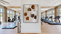 This expansive fitness center offers a comprehensive, well-appointed workout environment designed to accommodate a wide range of exercise disciplines. The main workout floor is anchored by a generous cardio zone lined with commercial-grade treadmills, stair climbers, and elliptical machines positioned along floor-to-ceiling multi-pane windows that flood the space with natural light and frame views of the surrounding landscaping and palm trees. Warm wood-tone flooring and natural wood beam accents throughout lend the facility a refined, contemporary aesthetic that sets it apart from a typical gym environment.

A dedicated strength training area provides ample room for free weights, including a full dumbbell rack, power racks, adjustable benches, and a variety of cable and resistance machines. An accent wall with a textured pattern and mounted flat-screen TV anchors a functional training zone equipped with a punching bag, medicine balls, and agility accessories on a turf surface. A separate cycling studio, enclosed with a glass roll-up garage door for an open-air feel, houses smart stationary bikes and benefits from its own ceiling fan and exterior views. A smaller studio space offers additional room for stretching, balance work, and light equipment. Abstract artwork adorns the walls, contributing to a polished, inviting atmosphere throughout.