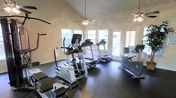 This fitness center is designed to provide a functional and comfortable workout experience within a single-level layout. The space features soaring vaulted ceilings that create an open, airy atmosphere, complemented by two ceiling fans that ensure steady airflow throughout the room. Large windows line the walls, flooding the interior with generous natural light and offering views to the outdoors, while a set of glass-paneled doors provides direct access to an exterior area, further enhancing the connection to the outside environment. The flooring is finished in durable dark rubber matting, ideal for high-traffic exercise use and equipment placement. The facility is outfitted with a well-rounded selection of cardio equipment, including multiple treadmills, elliptical cross-trainers, and a stationary recumbent bike, all from quality fitness brands. Additional strength and stretching equipment is also present. The bright, clean aesthetic of the neutral walls combined with the expansive windows creates an energizing and welcoming environment suited for a variety of fitness routines. Overall, the space strikes a balance between practicality and comfort, making it an inviting destination for daily exercise.