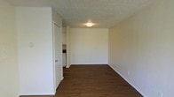 This single-floor space offers a straightforward and functional layout designed to maximize usability. The main living area is characterized by rich, dark hardwood flooring that contrasts cleanly against the bright white walls, creating a simple yet inviting aesthetic. A textured popcorn ceiling adds a classic touch overhead, with a centrally mounted flush light fixture providing ambient illumination throughout the room.

The open layout of the main area provides a generous sense of space, suitable for a variety of furniture arrangements. A doorway along one wall leads to an adjacent area that includes a closet with visible shelving, offering practical storage solutions. Beyond the closet, a utility or laundry area is partially visible, suggesting convenient in-unit functionality.

White baseboards run along the perimeter of the room, complementing the neutral color palette and contributing to a clean, well-maintained appearance. The overall ambiance of the space is bright and minimal, with white walls reflecting light effectively throughout. The design is practical and unfussy, making it a versatile canvas well-suited to a range of interior styles and personal touches.