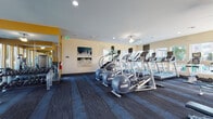 This fitness center is a thoughtfully designed, single-floor facility built to support a comprehensive workout experience. The space is anchored by a generous open floor plan covered in durable, multi-toned blue carpeting that adds both comfort and visual depth underfoot.

The cardio zone is prominently featured, housing a lineup of elliptical trainers, stair climbers, and treadmills—each equipped with individual display screens for entertainment during workouts. Ceiling fans are strategically positioned throughout to maintain air circulation. Natural light pours in through a broad bank of floor-to-ceiling windows along one wall, offering views of an outdoor lounge area and providing an airy, energizing atmosphere.

A large mirrored wall with a dark-framed surround expands the perceived depth of the space and reflects the full array of equipment, including rowing machines, weight benches, stability balls, a mini trampoline, and a multi-functional cable machine. This strength and functional training zone is well-organized and accessible.

An accent wall painted in bold yellow adds a vibrant focal point, complemented by framed botanical artwork. Built-in cubby storage nearby provides convenient organization for personal items. Recessed lighting and ceiling fans keep the environment well-lit and comfortable throughout. The overall ambiance is clean, modern, and purpose-built for an effective fitness routine.