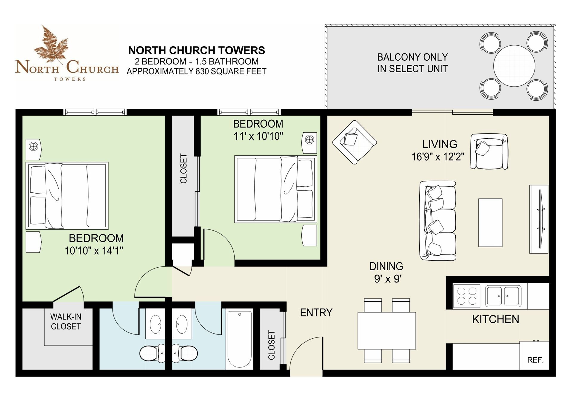 North Church Towers Apartments – 2BR.1.5BA.830SF (balcony)