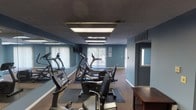 Located at 7341 Meridian Hills Ct in Indianapolis, Indiana, this fitness center offers a thoughtfully organized single-floor layout designed to accommodate a variety of workout routines. The space is painted in a calming steel-blue tone throughout, creating a cohesive and focused environment for exercise.

The cardio zone is well-stocked with multiple treadmills, elliptical trainers, and recumbent bikes, all positioned on protective floor mats. A large wall-spanning mirror runs along one side of the main workout area, visually expanding the space while allowing users to monitor their form. Overhead, recessed panel lighting provides bright, even illumination across the room. Natural light filters in through windows fitted with vertical blinds, offering views of the surrounding outdoor greenery.

A separate strength and stretching area features a weight bench, a dumbbell rack with a selection of free weights, and open floor space suitable for stretching or mat exercises. A decorative potted tree adds a natural element to this quieter zone. A built-in bench with coat hooks near the entry provides a practical transition area. Carpeted flooring runs throughout, and a wall-mounted television serves the main cardio area for entertainment during workouts.