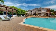 Located at 3539 Mary Taylor Rd in Birmingham, Alabama, this outdoor amenity space is designed to deliver a resort-style experience for its residents. At the heart of the area is a generously sized swimming pool with clear blue water, surrounded by an expansive brick paver deck that offers ample room for sunbathing and socializing. Rows of lounge chairs and umbrella-shaded seating areas are positioned throughout the deck, providing comfortable spots to relax under the Alabama sun.

Adjacent to the pool is a covered pavilion that serves as the centerpiece of outdoor entertaining. The structure features a white brick fireplace as its focal point, above which a wall-mounted flat-screen television is installed for outdoor viewing. Flanking the fireplace are two stainless steel gas grills, making this an ideal setup for cookouts and gatherings. Blue cushioned patio furniture is arranged around a central coffee table, creating a comfortable and inviting lounge area beneath the beamed ceiling.

The pavilion's open-air design is framed by rich wood columns and stone accents, echoing the architectural character of the surrounding buildings. Black wrought-iron fencing defines the perimeter of the pool and patio area, while mature trees provide a natural green backdrop. The overall ambiance of the space is both functional and welcoming, offering a well-appointed outdoor retreat.