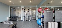 Located at 250 Avenue E in Bayonne, NJ, this well-appointed fitness center offers a comprehensive workout facility designed to meet a wide range of exercise needs. The space is organized into distinct functional zones, each equipped with professional-grade Life Fitness equipment throughout.

The cardio area is a standout feature, anchored by large floor-to-ceiling windows that flood the space with natural light and provide open views of the surrounding neighborhood. Multiple treadmills, elliptical machines, and a stair climber are positioned to take full advantage of these expansive windows, creating an energizing environment for cardio workouts.

The strength training area is equally well-equipped, featuring a multi-station cable machine, a full rack of dumbbells ranging across various weights, a weight bench, and a dedicated rack stocked with stability balls and medicine balls of varying sizes. Full-length mirrors line the walls, enhancing the sense of space and allowing users to monitor their form.

A separate area accommodates cycling, with a stationary spin bike positioned alongside a wall-mounted flat-screen television, offering an engaging environment for indoor cycling sessions. The entire facility features durable rubber flooring throughout, recessed lighting, and a clean, modern aesthetic with cool blue-gray walls that contribute to a focused and motivating atmosphere.
