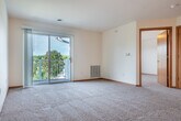 Located at 925 Harrington Dr in Madison, WI, this one-bedroom, one-bathroom unit offers a well-designed single-floor layout that makes efficient use of its space. The open-concept living and kitchen area serves as the heart of the unit, where warm hardwood-style flooring flows throughout the kitchen and transitions into plush carpeting in the living room. The kitchen is equipped with stainless steel appliances — including a refrigerator, electric range, and dishwasher — complemented by honey-toned oak cabinetry, light countertops, and a central island that adds additional prep and counter space. A ceiling fan overhead adds comfort to the living area, which is bathed in natural light from a sliding glass door that opens directly onto a private patio. From the patio, residents enjoy elevated views of the tree-lined neighborhood and open green spaces below. The bedroom is a comfortable, carpeted room featuring a large window with views of the surrounding greenery. Four closets throughout the unit provide generous storage. The full bathroom includes a wood-toned vanity with ample cabinet storage, a large mirror, and a full tub-shower combination, all finished with hardwood-style flooring. A hallway connects the main living spaces, completing this functional and neatly appointed unit.