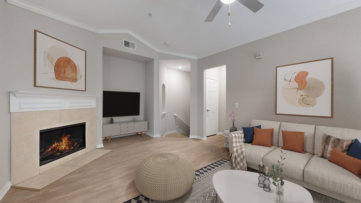 Sala de estar recientemente renovada con chimenea - The Delano at North Richland Hills Apartments