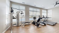 This fitness room is a thoughtfully designed exercise space that offers a comprehensive workout environment within a compact, efficiently utilized floor plan. The room features warm-toned hardwood-style flooring throughout, neutral gray walls, and a clean white ceiling fitted with recessed lighting and a ceiling fan to maintain comfortable airflow during workouts.

Large windows with horizontal blinds line the walls, flooding the space with abundant natural light and offering views of the surrounding outdoor scenery. The cardio section is well-appointed with multiple True-brand treadmills, an elliptical machine, and a recumbent stationary bike, all positioned to take advantage of the natural light from the windows.

Strength training is well-represented with a multi-function cable machine and a dedicated weight bench. A full rack of dumbbells is neatly organized alongside a large wall mirror, providing functionality for free-weight exercises. The space also includes a medicine ball rack with a range of weighted balls and stability/exercise balls, along with an interlocking foam mat area designated for stretching or floor exercises.

A water cooler station adds a practical amenity, and framed artwork on the wall contributes a polished, welcoming atmosphere. The layout maximizes usability while maintaining open floor space for versatile workouts.