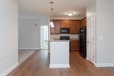 Located at 102 Village Dr in Mebane, North Carolina, this single-floor residence offers a thoughtfully designed layout with a seamless blend of comfort and functionality. The open-concept kitchen is a standout feature, showcasing rich medium-toned wood cabinetry, granite-style countertops, and a peninsula with pendant lighting overhead — perfect for casual dining or entertaining. Hardwood-style flooring runs throughout the kitchen and living areas, while a dedicated pantry provides generous storage. The living area flows naturally from the kitchen and is outfitted with a ceiling fan and access to natural light through a nearby window. Bedrooms are carpeted and generously sized, with neutral wall tones creating a calm, inviting atmosphere. One bedroom includes a walk-in closet fitted with wire shelving for organized storage. The bathrooms are finished with tile flooring, warm wood vanities topped with granite-style counters, and full tub-shower combinations. A dedicated laundry room houses a full-size washer and dryer with an overhead wire shelf for added utility. Throughout the space, clean white trim, neutral paint tones, and consistent finishes contribute to a cohesive and well-maintained interior.