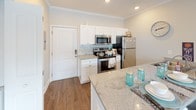 Located in Clemson, SC, this single-floor residence offers a thoughtfully designed layout with contemporary finishes throughout. The kitchen is a standout feature, equipped with stainless steel appliances including a range, microwave, and refrigerator, complemented by crisp white shaker cabinetry, a subway tile backsplash, and granite countertops that extend to a peninsula — ideal for casual dining or meal prep. Crown molding and recessed lighting add a refined touch to the space.

The living area is bright and welcoming, with multiple windows that allow generous natural light to fill the room. Wood-look flooring runs consistently throughout the unit, providing a warm and cohesive aesthetic.

The bedrooms are comfortably sized, each offering windows for natural light, and include space for a bed, desk, and storage — well-suited for both rest and study. The primary bedroom connects to a private bathroom, while additional bathrooms feature white vanities with granite countertops, mirrors, and wood-look flooring. One bathroom includes a mirrored sliding closet for added storage.

Overall, the space presents a clean, modern ambiance with functional design elements, making it a practical and comfortable residence in the heart of Clemson.