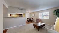 This single-floor residence offers a thoughtfully designed layout that balances comfort and functionality across its main living areas. The living room features neutral carpet flooring, a textured ceiling, and a pass-through opening that connects to the kitchen, creating an open and airy feel throughout the common areas. Natural light filters in through large windows fitted with blinds, brightening the space throughout the day. A ceiling fan overhead adds practical comfort to the living and dining areas.

The dining area transitions seamlessly from the living room, with warm hardwood-style flooring and a sliding glass door that opens to an outdoor view, enhancing the sense of openness. The kitchen is laid out in a galley configuration, featuring hardwood-style floors, wooden cabinetry, a stainless steel refrigerator, an electric range, and a dishwasher—providing all essential appliances in an efficient arrangement. A stone tile backsplash adds a decorative touch visible through the pass-through.

The bedroom is generously sized, offering plush carpet flooring, windows that allow ample natural light, and direct access to a spacious walk-in closet equipped with a full-width shelving and hanging system. The bathroom includes a single-sink vanity with a large mirror, a combined tub and shower with tile surround, and hardwood-style flooring, completing the space with clean, classic finishes.
