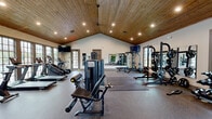Located at 988 Old Shirley Rd in Central, SC, this single-floor fitness center offers a thoughtfully designed workout environment across a generously sized open layout. The main exercise area is defined by a striking vaulted ceiling clad in warm natural wood planking, fitted with recessed lighting that illuminates the entire space evenly. Large gridded windows line the walls, flooding the room with abundant natural light and providing views of an outdoor pool area, creating an energizing atmosphere for workouts.

The main gym floor is finished with durable rubber flooring and is outfitted with a comprehensive selection of TRUE Fitness commercial-grade equipment, including multiple treadmills, a stair climber, and an upright cycle for cardio training. The strength zone features cable machines, a leg curl/extension bench, a power rack with barbell and weight plates, and a dedicated dumbbell rack. Wall-mounted mirrors expand the sense of space and allow for proper form monitoring during strength training. Mounted flat-screen televisions are positioned throughout for entertainment.

A separate flex room provides a distinct space for functional fitness and group-style training. This room features vibrant patterned flooring, resistance bands, stability and medicine balls, foam rollers, exercise mats, and a striking full-height living green plant wall that adds a refreshing, natural element to the workout environment.