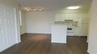 This single-floor space showcases an open-concept layout that seamlessly integrates the living area and kitchen into one cohesive environment. Dark hardwood flooring runs throughout, providing a rich contrast against the bright white walls and ceiling. The living area is generously proportioned, offering a flexible, open canvas, and is equipped with a track lighting fixture that allows for adjustable illumination across the space.

The kitchen is positioned toward the rear and features classic white cabinetry with ample upper and lower storage. A white electric range and an under-cabinet range hood anchor the cooking zone, while a peninsula island with a light-toned countertop extends outward, creating a natural division between the kitchen and living areas while also offering additional workspace or casual seating. A flush-mount ceiling light provides focused overhead illumination in the kitchen zone.

The neutral color palette of white walls and cabinetry, combined with the warmth of the dark hardwood floors, gives the space a clean, functional aesthetic. The open floor plan promotes an airy, connected feel throughout.