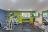Located at Glenwood Circle in Monterey, California, this fitness center is a well-appointed, single-floor facility designed to support a comprehensive workout routine. The space is divided into distinct exercise zones, each thoughtfully equipped and finished.

The cardio area features a treadmill and an elliptical trainer, positioned beneath recessed ceiling lights and framed by bold navy blue and olive green accent walls. Windows along the perimeter allow natural light to filter in, offering views of the surrounding greenery and creating an energizing atmosphere. Motivational artwork adds a personal touch to the space.

On the opposite side of the room, a row of full-length mirrors mounted in black frames visually expand the space while allowing users to monitor their form. A stationary spin bike, a stability ball, and a flat-screen TV mounted on the wall complete this section, alongside a hand sanitizer station for convenience.

A multi-functional cable and pulley strength machine anchors the strength training zone, complemented by a wall-mounted resistance band station. A dedicated free weights area features a well-stocked dumbbell rack alongside a weight bench, catering to a range of strength training needs.

The flooring throughout is durable rubber matting, ideal for high-impact activity. Direct access to an outdoor patio area is available through a glass-panel door, seamlessly connecting the indoor fitness space with the exterior environment.