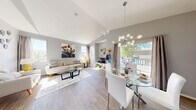 Located at 9625 W Russell Rd in Las Vegas, NV, this well-appointed one-bedroom, one-bathroom home offers a thoughtfully designed single-level layout. The open-concept living and dining area is immediately impressive, featuring soaring vaulted ceilings that amplify the sense of space and an abundance of natural light streaming in through multiple windows. Wood-look flooring runs throughout the main living areas, complementing the neutral gray walls and contemporary aesthetic. A modern sputnik-style chandelier anchors the dining space, which flows seamlessly onto a private balcony with outdoor views. The kitchen is equipped with warm honey-toned cabinetry, a full suite of white appliances including a gas range, dishwasher, and refrigerator, plus a pantry for additional storage. The bedroom is a comfortable retreat with plush carpeting, a window with natural views, and a dedicated closet featuring wire shelving. The full bathroom includes a soaking tub and shower combo, a single vanity with a large mirror, and wood-look flooring. Additional conveniences include an in-unit laundry area and a hallway connecting all spaces efficiently. This home delivers a clean, modern feel with practical amenities throughout.