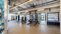 Located at 2506 W Colfax Ave in Denver, Colorado, this well-appointed fitness center offers a thoughtfully designed single-floor layout that maximizes functionality across a generously sized open floor plan. The space is divided into distinct workout zones, each tailored to a specific training style.

The strength training area features a power rack with plate-loaded barbells, a full dumbbell rack with an adjustable bench, and rubber-matted flooring to protect both equipment and athletes. Full-length mirrors amplify the sense of depth and allow for proper form checks during lifts. Adjacent to this zone, a dedicated functional fitness area hosts medicine balls, stability balls, and storage racks against a striking matte black accent wall.

The cardio zone is positioned along a wall of large garage-style windows that flood the area with natural light and offer outdoor views, creating an energizing atmosphere for treadmill and cycling workouts. Exposed ductwork and linear LED lighting run along the industrial-style open ceiling, lending the space a contemporary, urban aesthetic.

A vibrant, abstract floral wallcovering serves as a bold focal point near the elevator and main entrance, adding an artistic contrast to the otherwise utilitarian design. Durable speckled rubber flooring spans the entire space, ensuring safety and easy maintenance throughout.