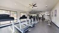 Located at 500 Brooksboro Terr in Nashville, TN, this fitness center offers a well-appointed, single-room workout facility designed to support a comprehensive exercise routine. The space features vaulted ceilings that lend an open, airy feel, complemented by recessed lighting and ceiling fans that maintain a comfortable environment during workouts. Large windows along the perimeter flood the room with natural light and provide views of the surrounding greenery, creating an inviting atmosphere. The flooring throughout is a durable dark rubber material, ideal for high-traffic fitness use. A row of treadmills and elliptical trainers lines one side of the room, providing ample cardio options, while the opposite area is dedicated to strength training, featuring a multi-station cable machine, a weight bench, and stationary bikes. Full-wall mirrors on one side of the room visually expand the space and allow users to monitor their form. A wall-mounted split air conditioning unit ensures climate control year-round. The facility is accessible via a set of glass double doors and is equipped with safety essentials including a fire extinguisher and clearly marked exit signage, making it a functional and well-maintained fitness amenity.