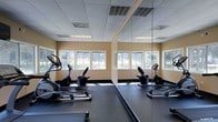 This fitness center is a dedicated single-floor space designed to support an active lifestyle. The room is outfitted with a selection of cardio equipment, including elliptical machines and other exercise units, all positioned on a dark rubberized flooring that provides both durability and comfort during workouts. A full wall of floor-to-ceiling mirrors lines one side of the room, visually expanding the space and allowing users to monitor their form while exercising. The ceiling features a classic drop-tile grid with recessed lighting that evenly illuminates the entire area. Warm, neutral-toned walls contribute to an energizing yet comfortable atmosphere. A row of large windows spans the perimeter, flooding the space with abundant natural light and offering pleasant views of the surrounding greenery outdoors. The overall layout is open and functional, providing ample room to move between equipment. The combination of mirrored walls, natural light, and well-placed equipment makes this fitness center a practical and welcoming environment for daily exercise.