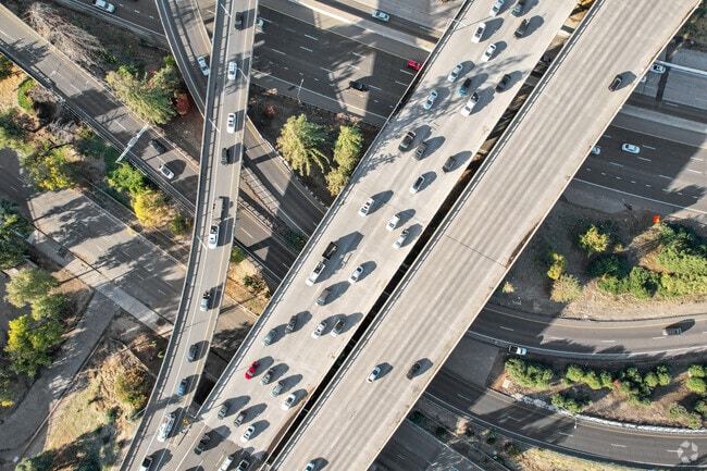 An overhead view of where the 80 highway meets the 50 highway in Curtis Park.