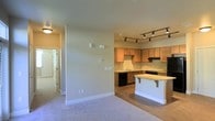 This single-floor space showcases an open-concept design that seamlessly connects the living area and kitchen. The living space features neutral-toned carpet and light-colored walls, creating a clean and versatile backdrop. A hallway visible in the background leads to additional rooms, suggesting a practical and well-organized floor plan.

The kitchen is equipped with warm-toned wood cabinetry, a full suite of black appliances including a dishwasher and range, and a sink positioned along the perimeter counter. A peninsula-style breakfast bar with granite countertops extends into the living space, providing additional workspace and casual seating. Track lighting mounted on the ceiling runs the length of the kitchen, ensuring ample task illumination throughout the cooking area.

The transition between the carpeted living space and the kitchen's hard flooring is clearly defined, adding visual separation between the two functional zones. Neutral wall tones and consistent finishes throughout give the space a cohesive and move-in-ready appearance. Overall, the layout is designed for both functionality and comfortable everyday living.