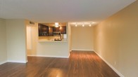 This single-floor space offers a thoughtfully designed open-concept layout that seamlessly connects the kitchen and living areas, creating a bright and functional environment. The kitchen is defined by rich, dark wood cabinetry that provides ample storage, complemented by stainless steel appliances including a microwave and range. A half-wall pass-through counter bridges the kitchen and the main living area, enhancing the sense of openness while maintaining a subtle division between the two spaces. The living area is expansive and airy, bathed in warm, ambient light from a set of track lights mounted on the ceiling, which can be directed to highlight different areas of the room. Warm-toned hardwood-style flooring runs throughout the space, adding a sense of continuity and elegance underfoot. The neutral, light-colored walls provide a versatile backdrop, making the space easy to personalize. Clean white baseboards frame the floors with a crisp finish. The overall ambiance is modern yet inviting, with a cohesive design that balances practicality and style, making it well-suited for both everyday living and entertaining.