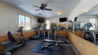 This fitness center is designed to support a comprehensive workout experience within a single, thoughtfully organized floor. The space features warm wood wainscoting along the lower walls and neutral-toned carpeted flooring accented by rubber exercise mats, creating a clean and functional environment. Natural light streams in through multiple wood-framed windows, while a ceiling fan and overhead lighting ensure comfortable air circulation and visibility throughout.

The cardio zone is well-appointed with multiple treadmills, elliptical trainers, and a stationary bike, each positioned to allow ample personal space. Wall-mounted flat-screen TVs are strategically placed for viewing during workouts. A large wall mirror spans one side of the room, visually expanding the space and allowing users to monitor their form.

The strength and functional training area is equally well-stocked, featuring a multi-station cable machine, a rack of dumbbells in graduated weights, and an assortment of stability balls in varying sizes. Resistance bands and medicine balls round out the functional fitness accessories available.

A dedicated stretching and floor exercise zone with protective rubber matting provides space for warm-ups and cooldowns. The layout flows naturally between zones, making this fitness center both practical and inviting for users of all fitness levels.
